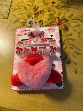 Capelli Girls Pink & Red Heart Faux Fur Hair Clip Set for kids